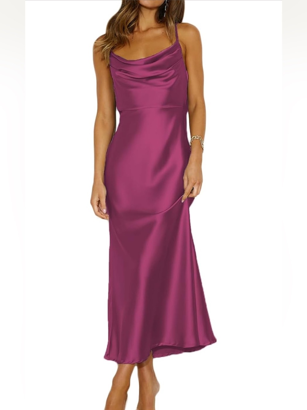 Summer Satin Spaghetti Strap Cowl Neck Backless Midi  Tie Ruched Cocktail Dress